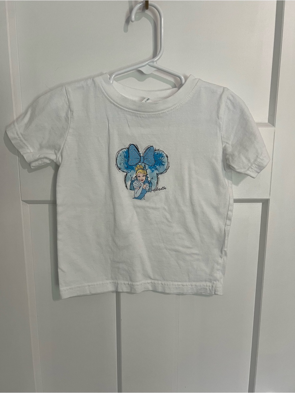 Rabbit Skins White Tee with Blue Cinderella Character Bow Graphic